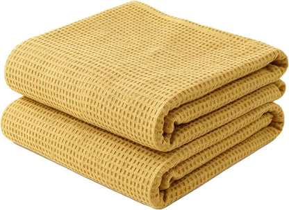 100% Cotton Blanket, Cooling Breathable and Soft for Summer, Breathable Waffle Blanket, Thick Cozy Waffle Weave Gifts, All Season (Yellow, S)