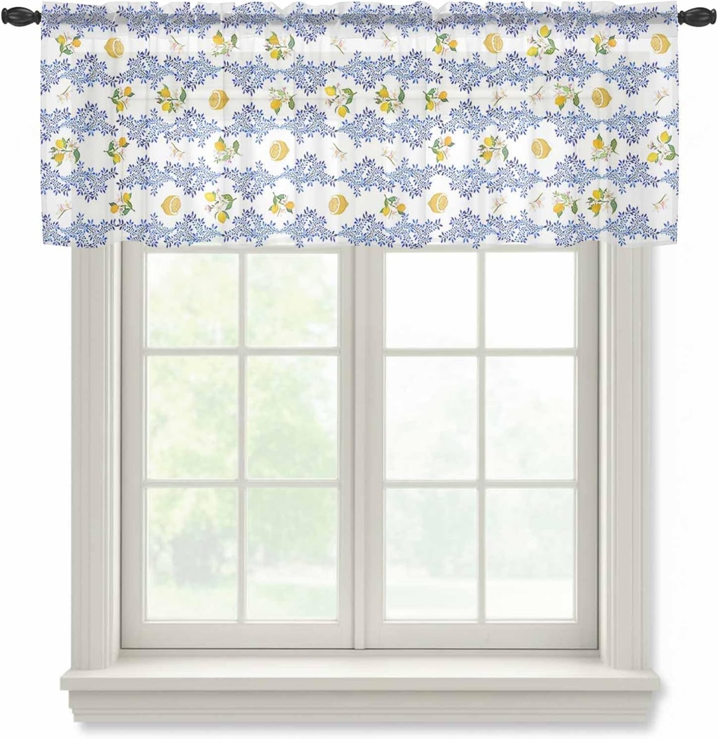 Sheer Window Valance Lemon Floral Semi Voile Short Curtain Rod Pocket Summer Fruit Blue Leaves Valances Window Treatment for Bedroom Living Room Kitchen 54x18in