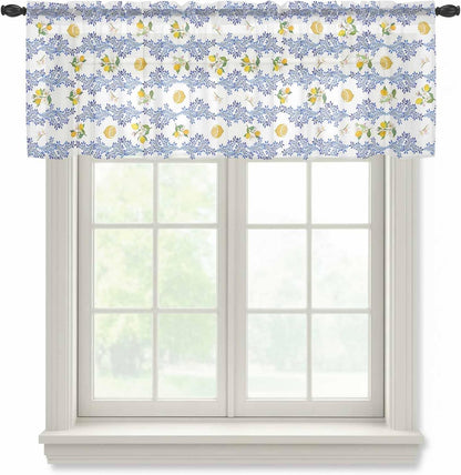 Sheer Window Valance Lemon Floral Semi Voile Short Curtain Rod Pocket Summer Fruit Blue Leaves Valances Window Treatment for Bedroom Living Room Kitchen 54x18in