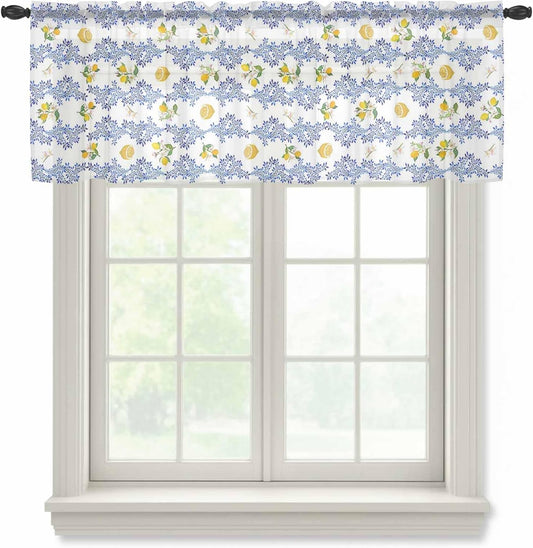 Summer Lemon Sheer Curtain 12 Inch Long Retro Flower Leaves Light Filtering Rod Pocket Voile Curtain Valance for Bedroom Kitchen Cafe Window 42" W x 12" L