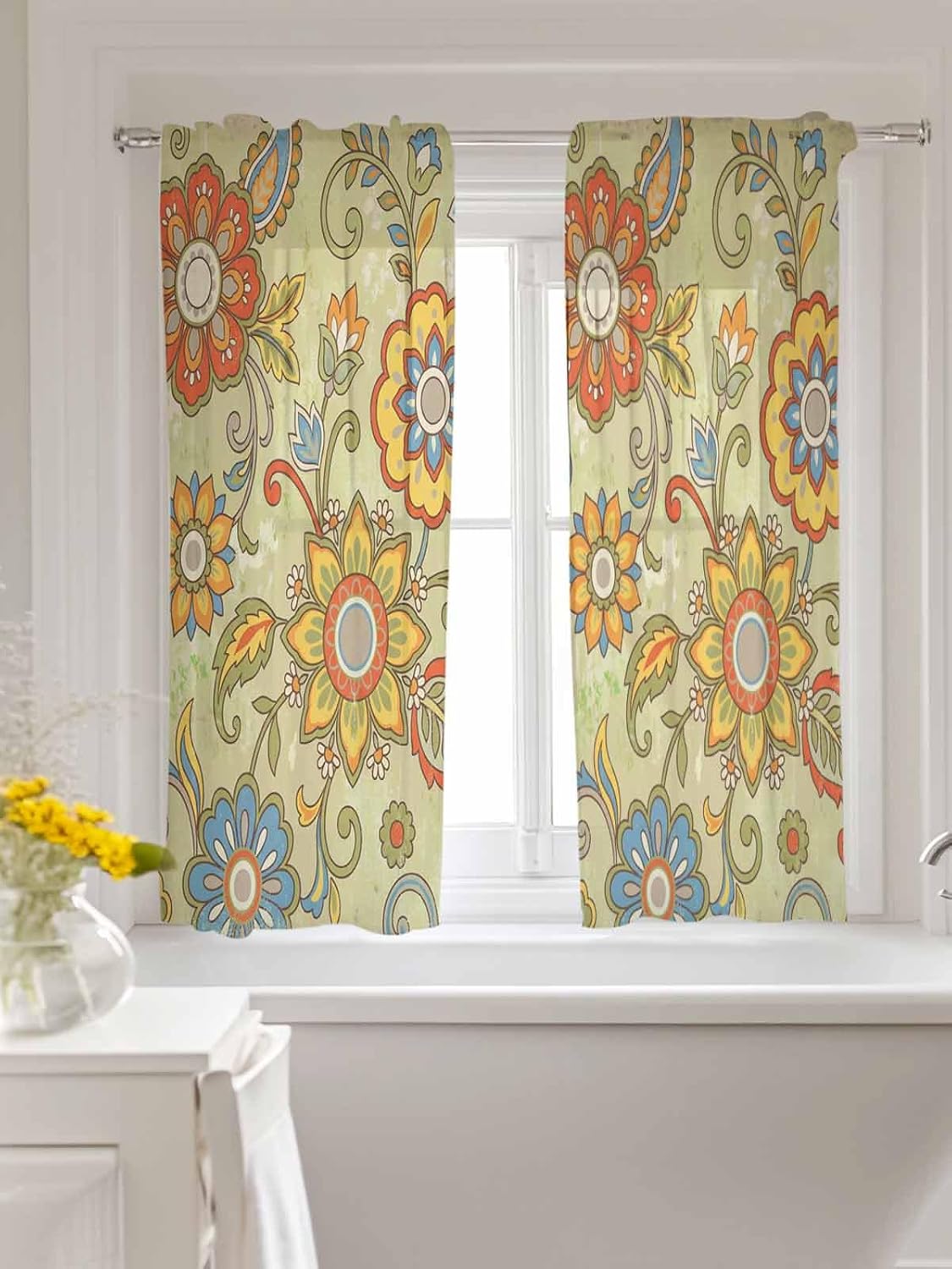 Yellow Green Boho Floral Sheer Tier Curtains 45 Inch Length, Retro Rustic Abstract Flowers Cafe Curtains Light Filtering, Sheer Voile Small Window Curtains 2 Panels, 27.5" x 45"