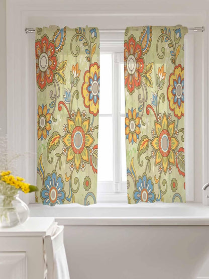 Yellow Green Boho Floral Sheer Tier Curtains 45 Inch Length, Retro Rustic Abstract Flowers Cafe Curtains Light Filtering, Sheer Voile Small Window Curtains 2 Panels, 27.5" x 45"