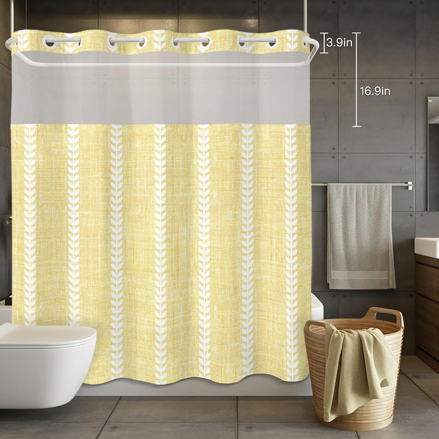 Light Yellow Linen Shower Curtains Set Modern Farmhouse Vertical Lines No Hook Shower Curtains with Snap in Liner 72" x 78" Waterproof Fabric See Through Top Sheer Window for Bathroom Shower Room