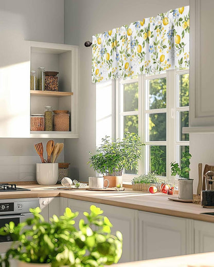 Lemon Valances for Windows/Bedroom/Living Room/Kitchen/Cafe, Blue Yellow Flower Lemon Summer Semi Sheer Small Curtain Valance Rod Pocket Light Filtering Window Treatment, 60" x 18"