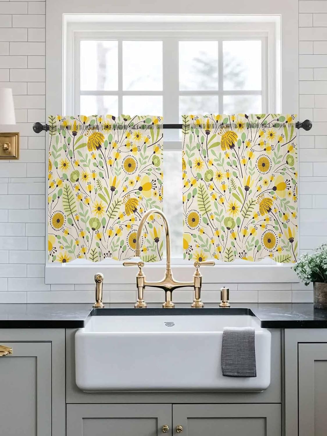Yellow Abstract Botanical Sheer Kitchen Tier Curtains 24 inch length, Farmhouse Seasonal Garden Floral Window Valances, Spring Flowers Rod Pocket Short Curtains for Small Windows 27.5"x24" 2 Panels