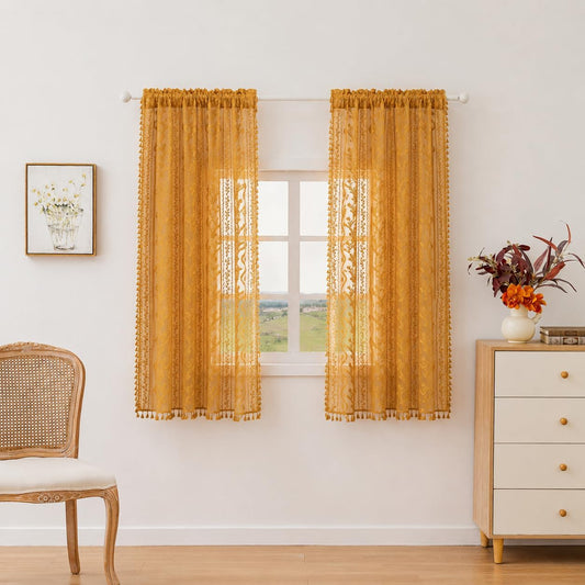 WAZZIO Boho Lace Curtains 2 Panels 63 Inch -Victorian Sheer Panel Drape French Country Floral Pattern & Tassel Light Filtering Privacy for Bedroom Dining Living Room,Coastal Decor,Yellow,W52x L63