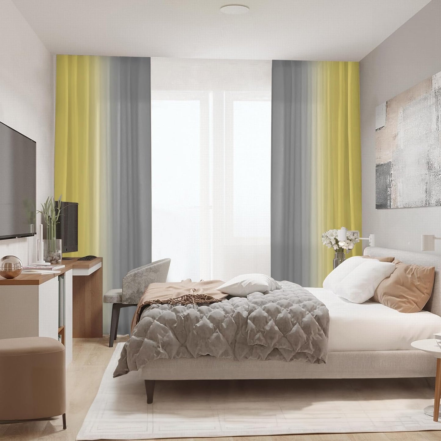 Yellow and Grayish Curtains for Living Room 84 Inch Length Ombre Curtains 2 Panel Bedroom Yellow and Grey Curtains Rod Pocket Light Filtering Window Curtain Modern Gradient Drapes