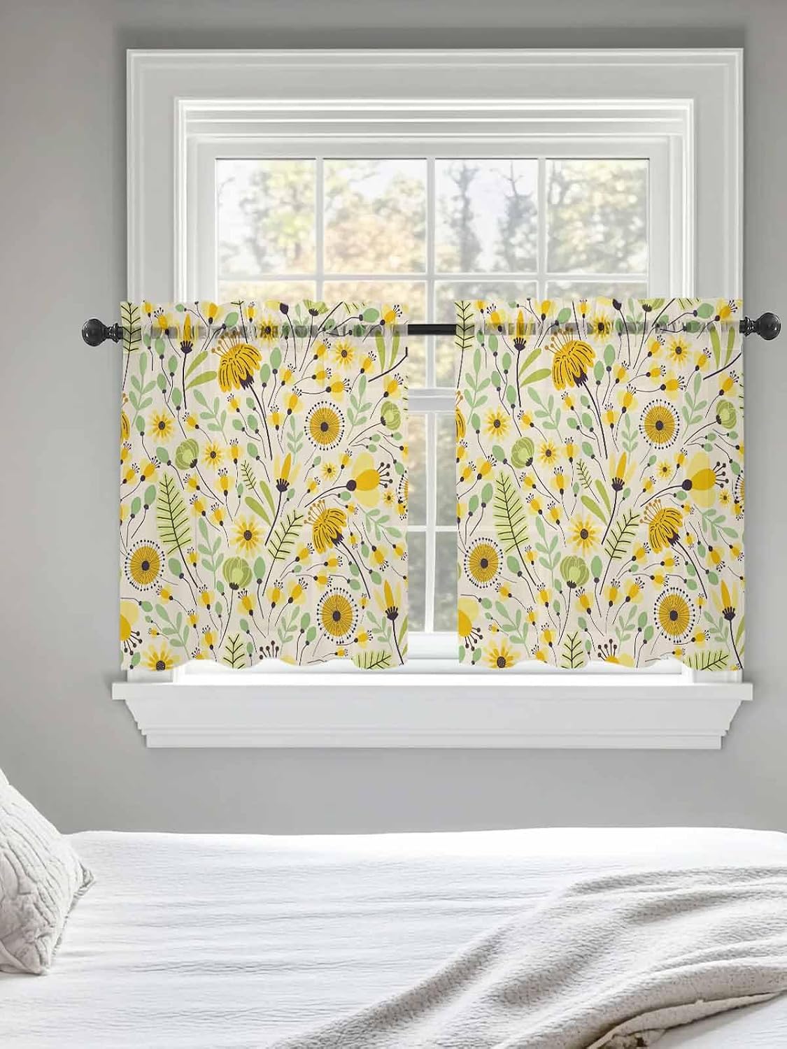 Yellow Abstract Botanical Sheer Kitchen Tier Curtains 24 inch length, Farmhouse Seasonal Garden Floral Window Valances, Spring Flowers Rod Pocket Short Curtains for Small Windows 27.5"x24" 2 Panels