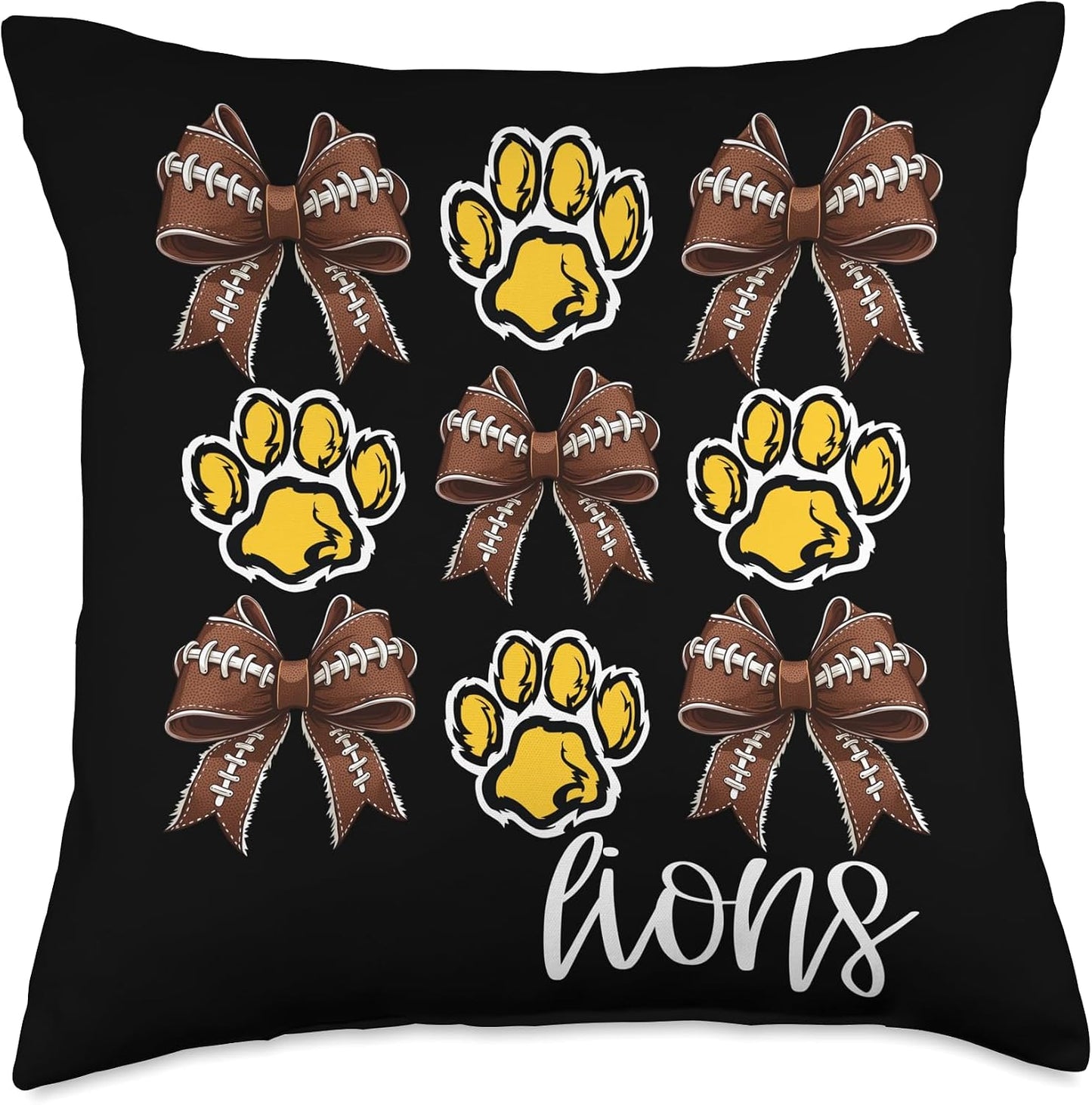 Lions Paw Print Game Day Football Coquette Bow Yellow Lion Throw Pillow