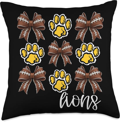 Lions Paw Print Game Day Football Coquette Bow Yellow Lion Throw Pillow
