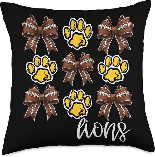 Lions Paw Print Game Day Football Coquette Bow Yellow Lion Throw Pillow