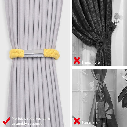 NICEEC 2 Pack Twisted Braid Rope Magnetic Curtain Tiebacks Elegant Hand-Woven Style Drape Tie Backs Soft Natural Cotton Rope Curtain Holdbacks for Home & Office Window Draperies (Yellow)