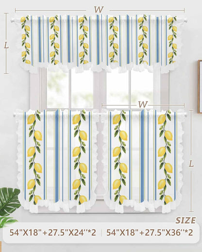 Lemon Sheer Kitchen Curtains and Valance Set Blue Striped Summer Fruit Ruffle Tier Curtain Light Filtering Small Window Drapes for Cafe Living Room, 3 Pieces, 54" x 36"