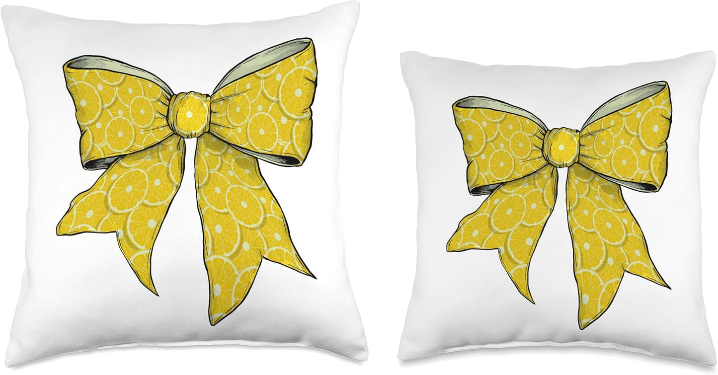 Lemon Slice Yellow Pattern Girl Coquette Bow Ribbon Throw Pillow