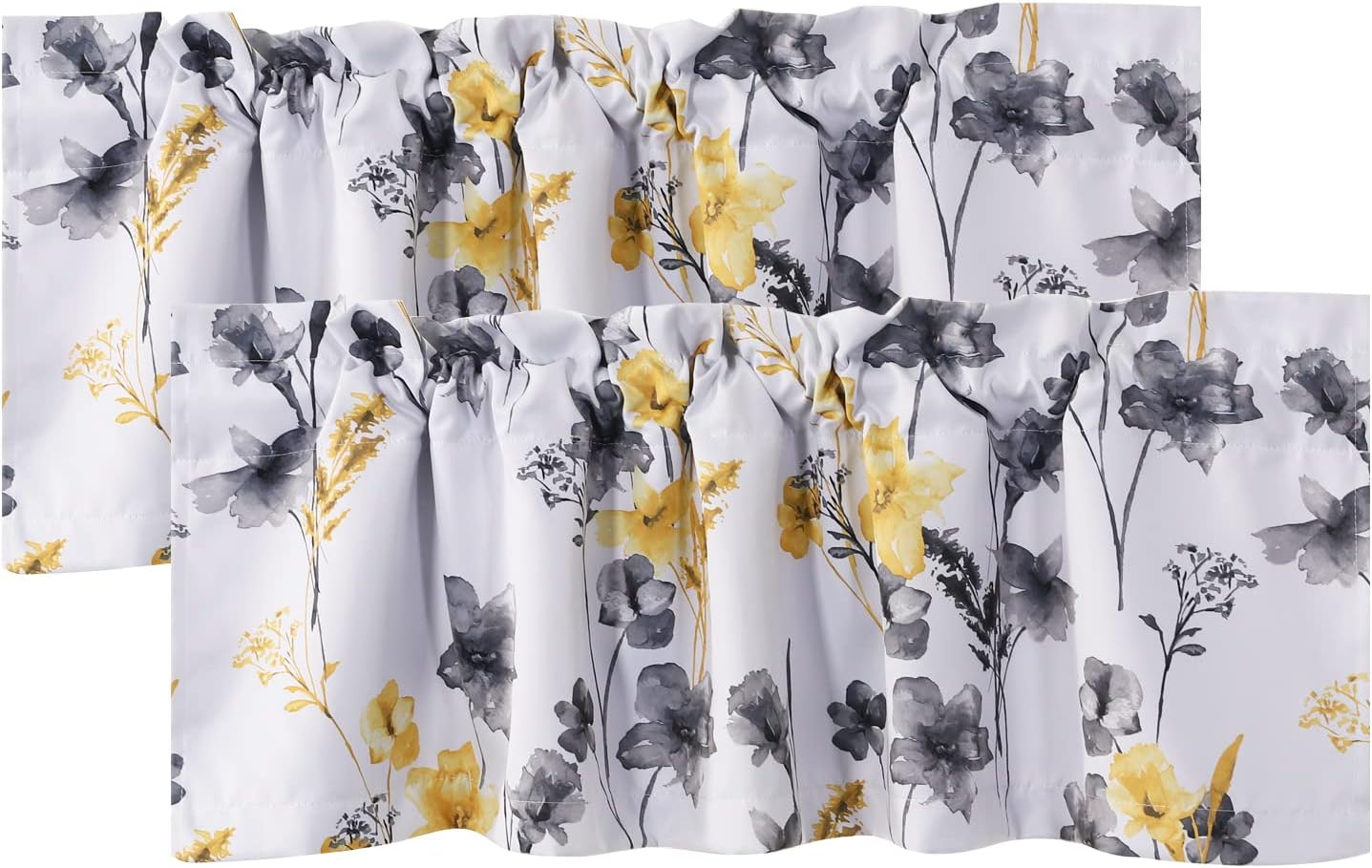 H.VERSAILTEX 100% Blackout Curtain Valances for Kitchen Windows 2 Panels Set Cattleya Floral Printed Leah Floral Thermal Insulated Rod Pocket Valances for Windows, 52" x 18", Grey/Yellow