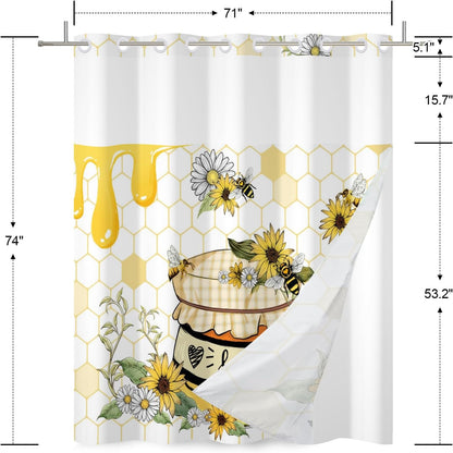 No Hook Bee Shower Curtain with Snap for Bathroom 71x74 Inch Cute Yellow Sunflower Shower Curtains in Liner Set Honey Jar Waterproof Fabric Double Layers Washable for Hotel Decorative