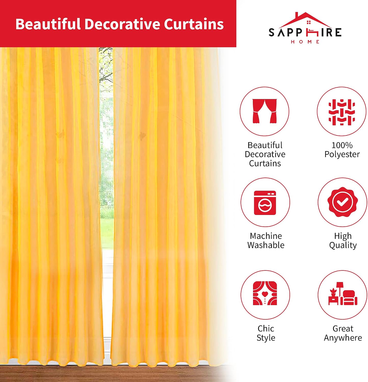 Sapphire Home Mustard Yellow Sheer Curtains - 63 Inches Length, 2 Panels Set Sheer Drapes, Light Filtering Textured Window Curtain for Living Room, Bedroom, Kitchen & Dining - 54"x63", Mustard Yellow