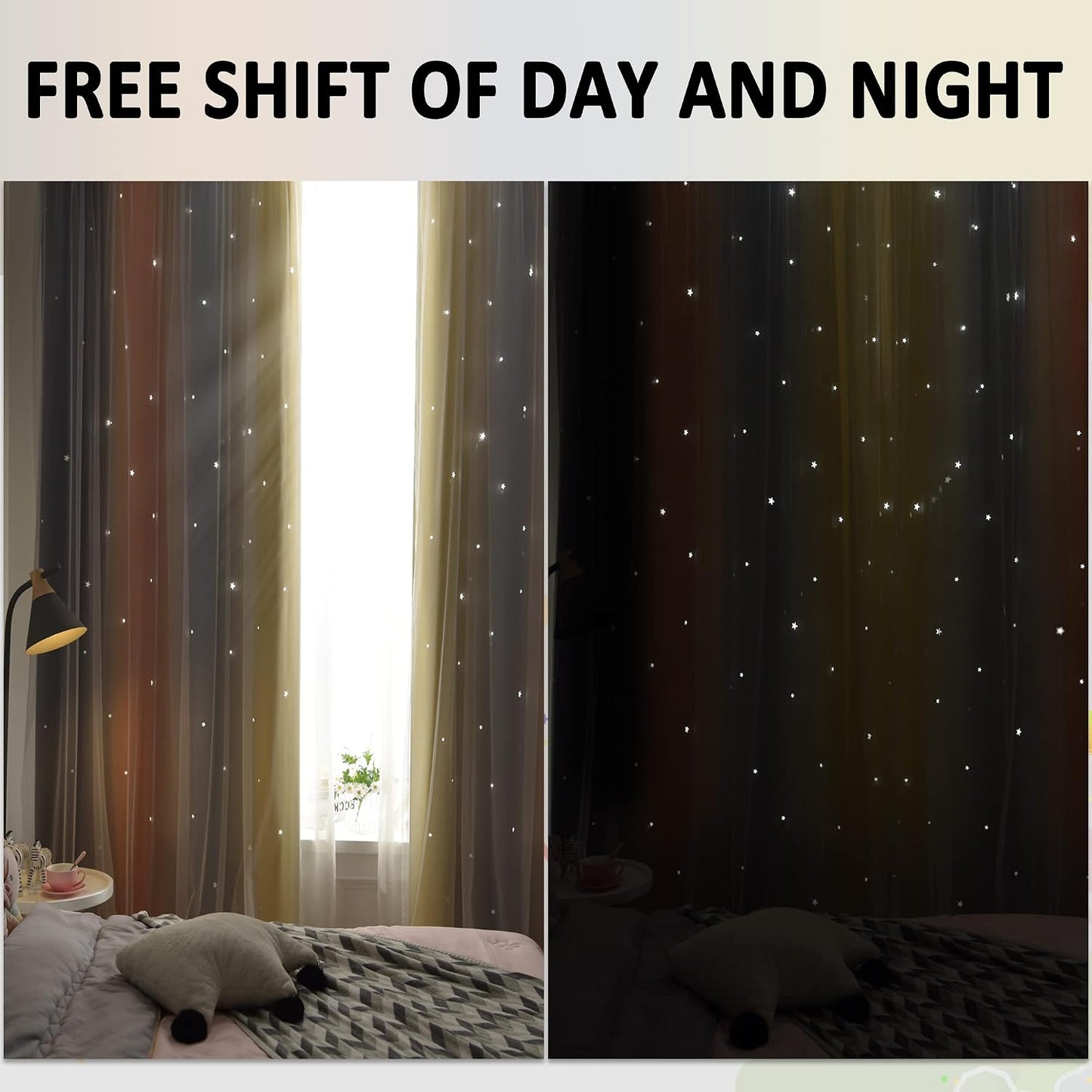 Christmas Rainbow Star Cutout Curtain for Bedroom - Double Layer Grommet Curtains Star Hollowed Curtain Rainbow Stripe Princess Curtains with Tie Backs Yellow/Grey 52W x 84L 2 Panels