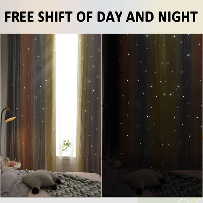 Christmas Rainbow Star Cutout Curtain for Bedroom - Double Layer Grommet Curtains Star Hollowed Curtain Rainbow Stripe Princess Curtains with Tie Backs Yellow/Grey 52W x 84L 2 Panels