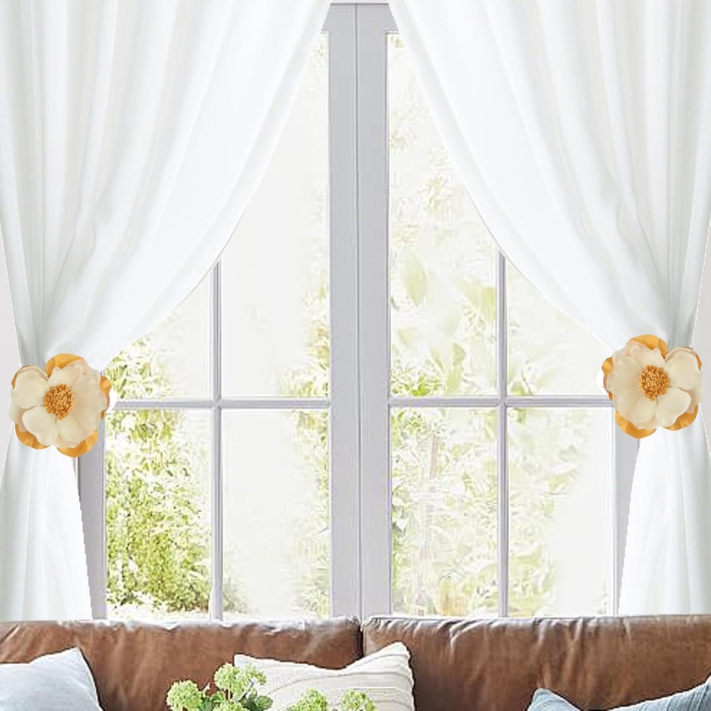 Meplait 2 Pack Flower Curtain Tiebacks & Holdbacks, No Drill Curtain Clips for Sheer Curtains Decorative Curtain Tie Back for Bedroom Nursery Living Room (Yellow Chiffon Camellia)