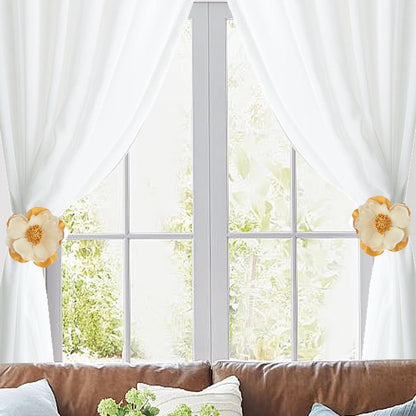 Meplait 2 Pack Flower Curtain Tiebacks & Holdbacks, No Drill Curtain Clips for Sheer Curtains Decorative Curtain Tie Back for Bedroom Nursery Living Room (Yellow Chiffon Camellia)