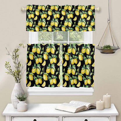 Semi Sheer Kitchen Curtains and Valances Set Summer Yellow Lemon Watercolor Style Black Valance and Tier Curtains 3 Piece, Rod Pocket Window Valances Short Drapes for Bedroom Living Room
