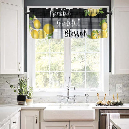 Lemon Fruit Kitchen Curtain Valance, Yellow Fruits Blessed Black Grey Wooden Farmhouse Rod Pocket Short Window Treatment for Dining Bedroom Living Room Cafe Home Decor, 54x18Inch