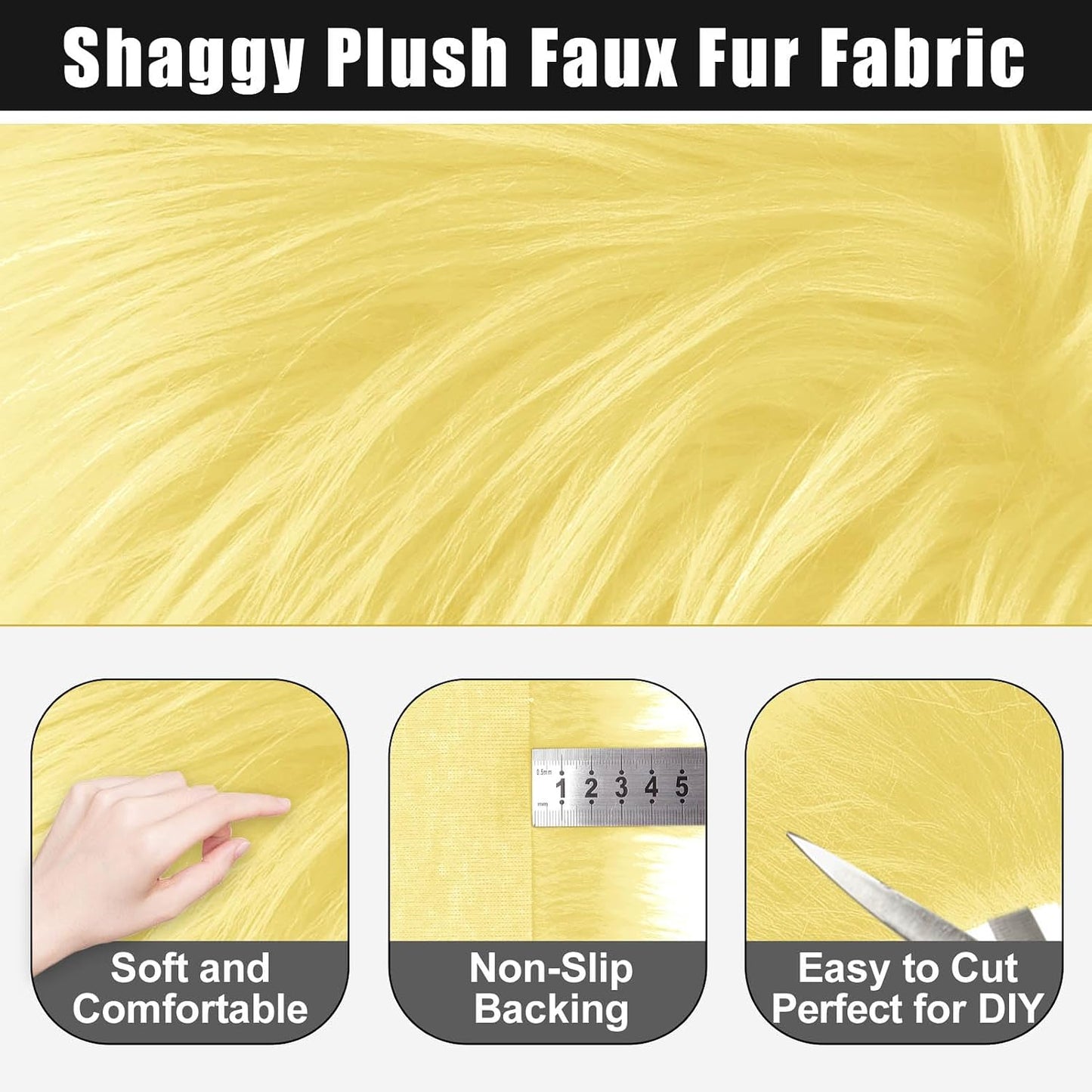 Light Yellow 2x60Inch Faux Fur Shaggy Plush Faux Fur, Fabric Precut Strips Fluffy Fuzzy Faux Fur, Craft Beard Hair, Beard Miniature Dolls Rugs Mats Gift, Winter Halloween Christmas Costume Party Decor