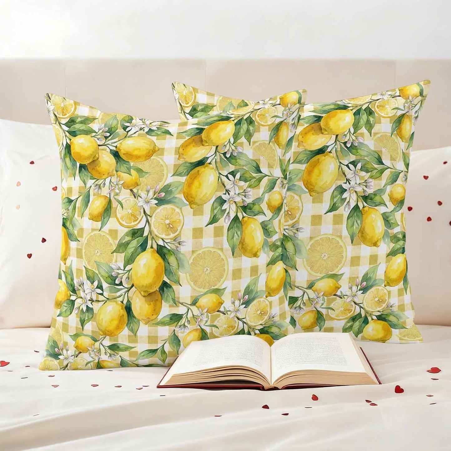 Outdoor Pillow Covers 18x18 Pack of 2, Summer Lemon Country Leaves Decorative Pillow Cover Waterproof Pillowcase, Yellow White Buffalo Check Farmhouse Cushion Covers for Garden Patio Sofa Couch Bench