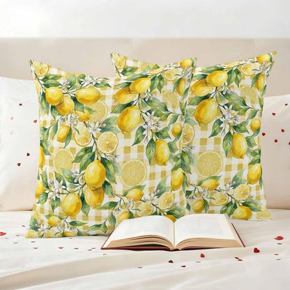 Outdoor Pillow Covers 18x18 Pack of 2, Summer Lemon Country Leaves Decorative Pillow Cover Waterproof Pillowcase, Yellow White Buffalo Check Farmhouse Cushion Covers for Garden Patio Sofa Couch Bench