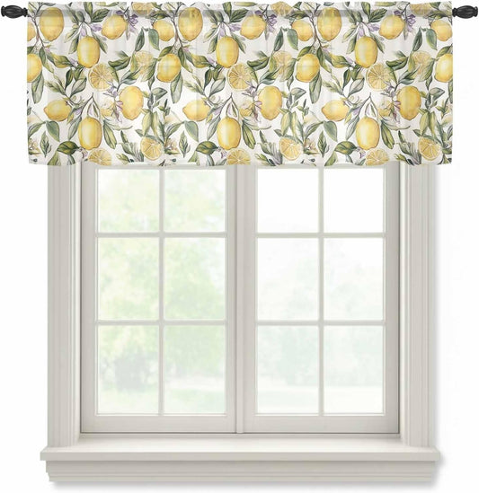 Yellow Lemon Sheer Curtain 18 Inch Long Watercolor Fruit Leaf Floral Country Farmhouse Light Filtering Rod Pocket Voile Curtain Valance for Bedroom Kitchen Cafe Window 54" W x 18" L