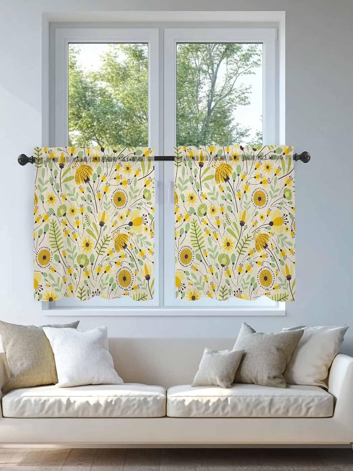 Yellow Abstract Botanical Sheer Kitchen Tier Curtains 24 inch length, Farmhouse Seasonal Garden Floral Window Valances, Spring Flowers Rod Pocket Short Curtains for Small Windows 27.5"x24" 2 Panels