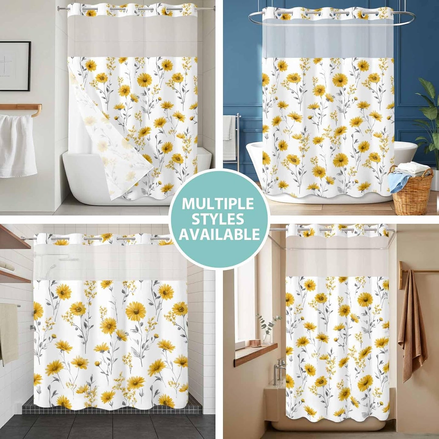 Floral Shower Curtain with No Hooks Snap in Liner Set, Yellow Flower Spring Bath Curtains See Through Sheer Top Window for Bathroom Hotel Style Decor,54"x78"