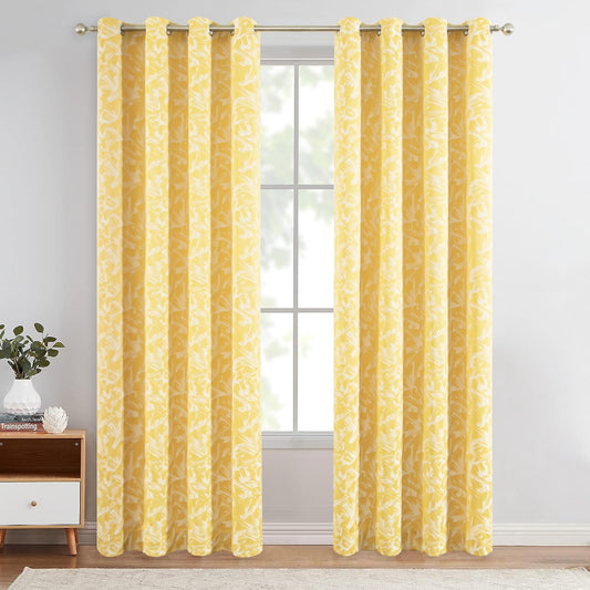 Leeva Bright Yellow Abstract Pattern Curtains, Jacquard Design Window Curtain for Room Decor Aesthetic, Light Filtering Heavy Drapes for Bedroom, 2 Panels Set, Grommet, 52" x 96"
