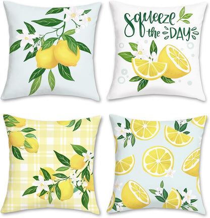 Bonhause Lemon Throw Pillow Covers 18 x 18 Inch Set of 4 Summer Fruit Farmhouse Decorative Pillows Case Soft Velvet Cushion Covers for Couch Sofa Patio Garden Home Decor