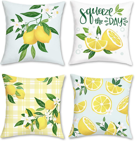 Bonhause Lemon Throw Pillow Covers 18 x 18 Inch Set of 4 Summer Fruit Farmhouse Decorative Pillows Case Soft Velvet Cushion Covers for Couch Sofa Patio Garden Home Decor