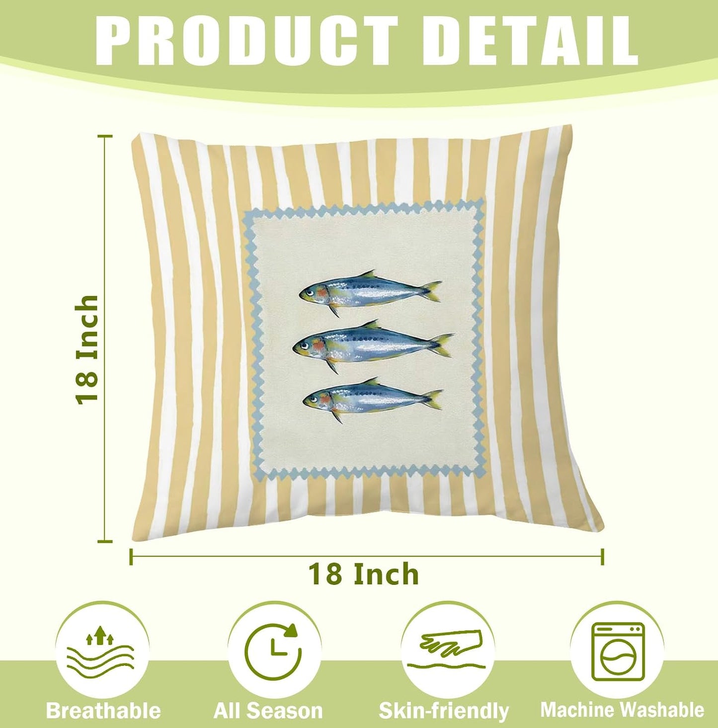 Coastal Beach Sardine Fish 18x18 Pillow Cover, Trendy Yellow Striped Fish Fishing Summer Decorative Throw Pillow Cover for Home Bedroom Living Room