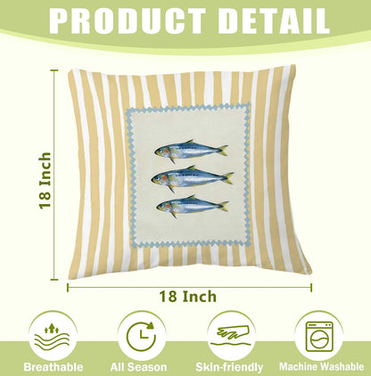 Coastal Beach Sardine Fish 18x18 Pillow Cover, Trendy Yellow Striped Fish Fishing Summer Decorative Throw Pillow Cover for Home Bedroom Living Room