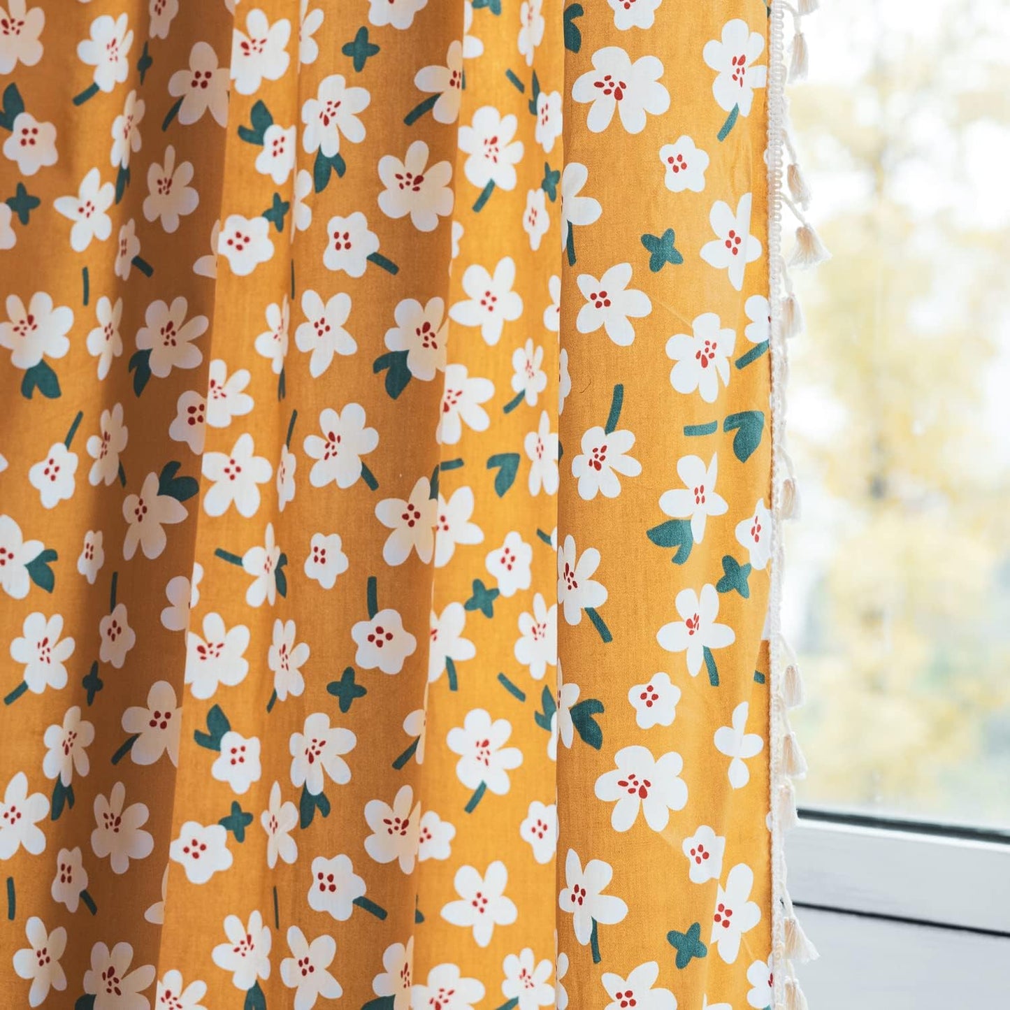 Deeprove Boho Curtain 84 Inch Length, Farmhouse Yellow Florals Print, Cotton Linen Tassels Rod Pocket Semi Blackout Rustic Bohemian Country Window Treatment for Nursery Bedroom 1 Panel, 55''W x 84''L