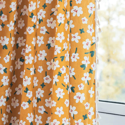Deeprove Boho Curtain 84 Inch Length, Farmhouse Yellow Florals Print, Cotton Linen Tassels Rod Pocket Semi Blackout Rustic Bohemian Country Window Treatment for Nursery Bedroom 1 Panel, 55''W x 84''L