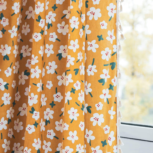 Deeprove Boho Curtain 84 Inch Length, Farmhouse Yellow Florals Print, Cotton Linen Tassels Rod Pocket Semi Blackout Rustic Bohemian Country Window Treatment for Nursery Bedroom 1 Panel, 55''W x 84''L