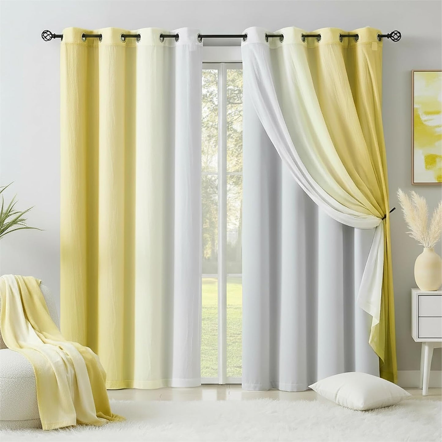 Yellow Blackout Curtains with Ombre Sheers Overlay 84 Inch Long for Living Room Bedroom Decor, Mix and Match Double Layer 90% Blackout Window Drapes for Girls Room, Grommet Top, 52"W, 4 Panels