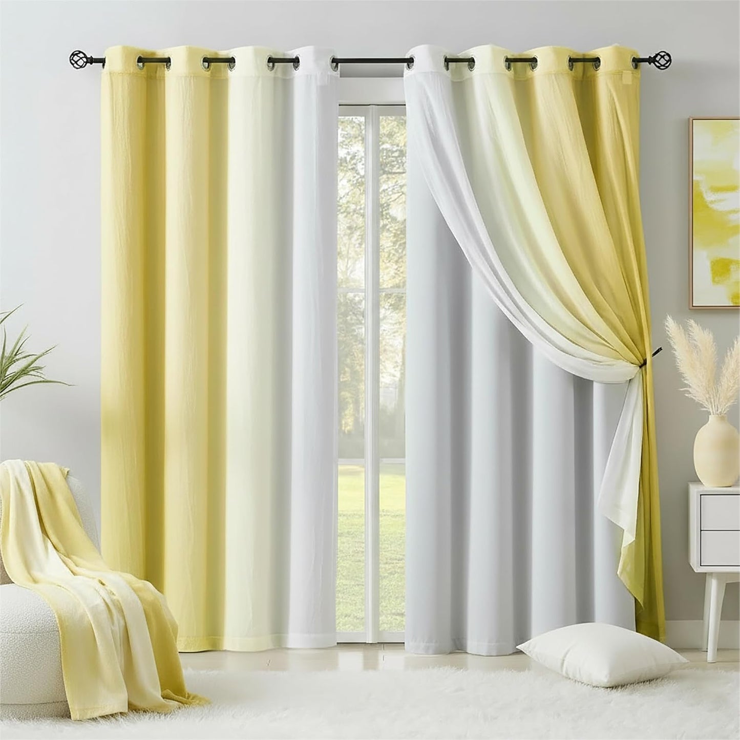 Yellow 90% Blackout Curtains with Ombre Sheers Overlay Mix and Match Double Layer Thermal Insulated Window Panels 63 Inch Length for Living Room Bedroom Home Decor, Grommet Top, 52"W x 63"L, 4pcs
