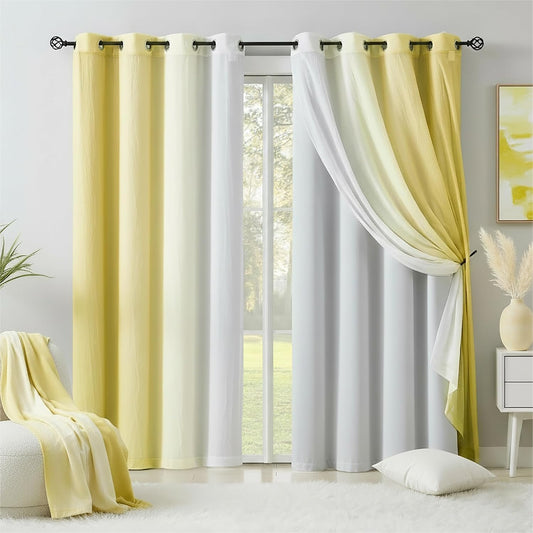 White Blackout Window Curtains for Kids Room 95 Inch Length Mix & Match Double Layers Grommet Curtain Panels Yellow Ombre Sheers Overlay 90% Room Darkening Thermal Drapes for Patio, 52" w 4 Pieces