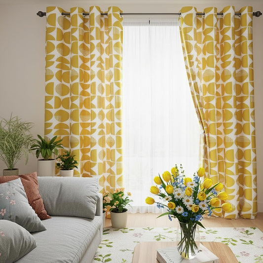 ColorBird Yellow Mid Century Modern Patterned Curtains for Living Room 84 Inches Long 2 Panels Set MCM Drapes for Bedroom, Geometric Light Filtering Window Treatment for Dining Room