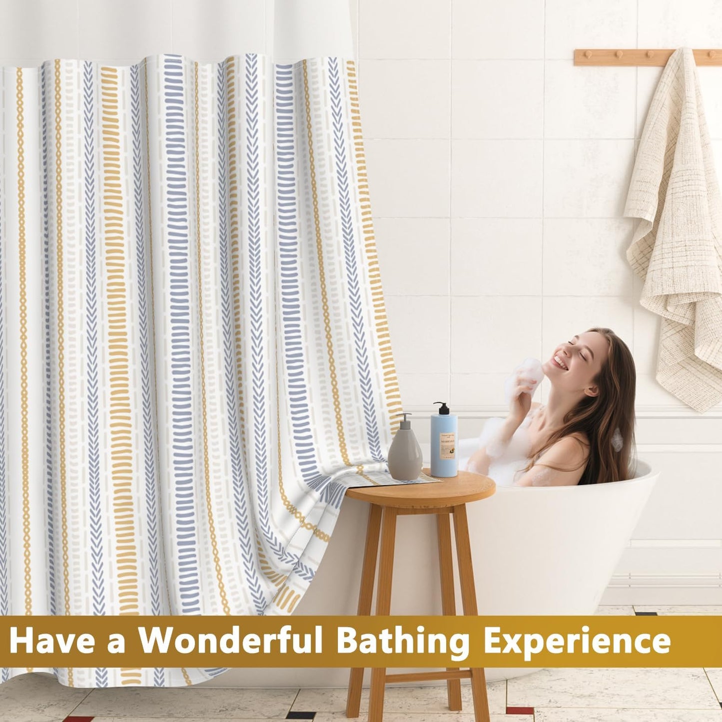 No Hook Geometric Striped Shower Curtain and Liner Set, Waterproof Double Layers Fabric Shower Curtain with Mesh Top Window, Boho Blue and Yellow Minimalist Bathroom Curtains, 71x74 Inches