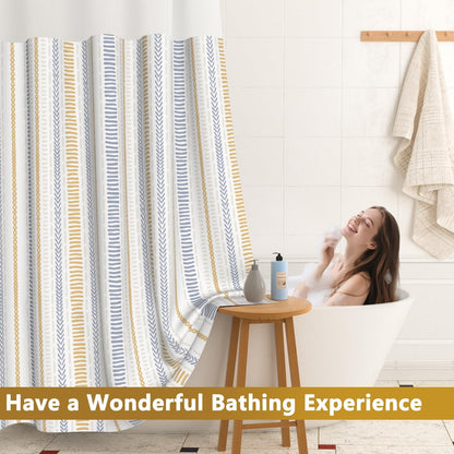No Hook Geometric Striped Shower Curtain and Liner Set, Waterproof Double Layers Fabric Shower Curtain with Mesh Top Window, Boho Blue and Yellow Minimalist Bathroom Curtains, 71x74 Inches