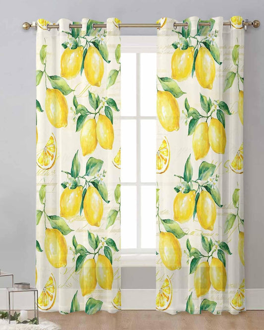 Yellow Lemon Sheer Curtains 90 Inch Length 2 Panels Set Summer Fruit Green Retro Farmhouse Leaf Curtain Drapes for Kitchen/Bedroom/Living Room/Doorway/Sliding Glass Door/Bathroom Window Panel 52x90