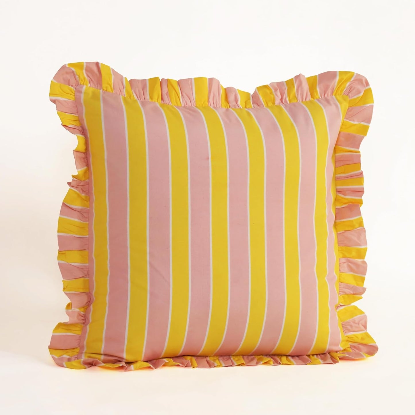 Hand Printed, Artisan-Made Neutral Accent Throw Cushion Cover- Thick Cotton Cushion for Sofa, Bed, Chair, Home Decor, Gifting, Spring Vibe, Boho- Stripe (2, Pink & Yellow, 20"X20")