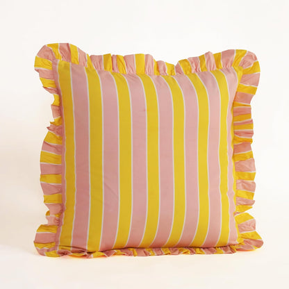 Hand Printed, Artisan-Made Neutral Accent Throw Cushion Cover- Thick Cotton Cushion for Sofa, Bed, Chair, Home Decor, Gifting, Spring Vibe, Boho- Stripe (2, Pink & Yellow, 20"X20")
